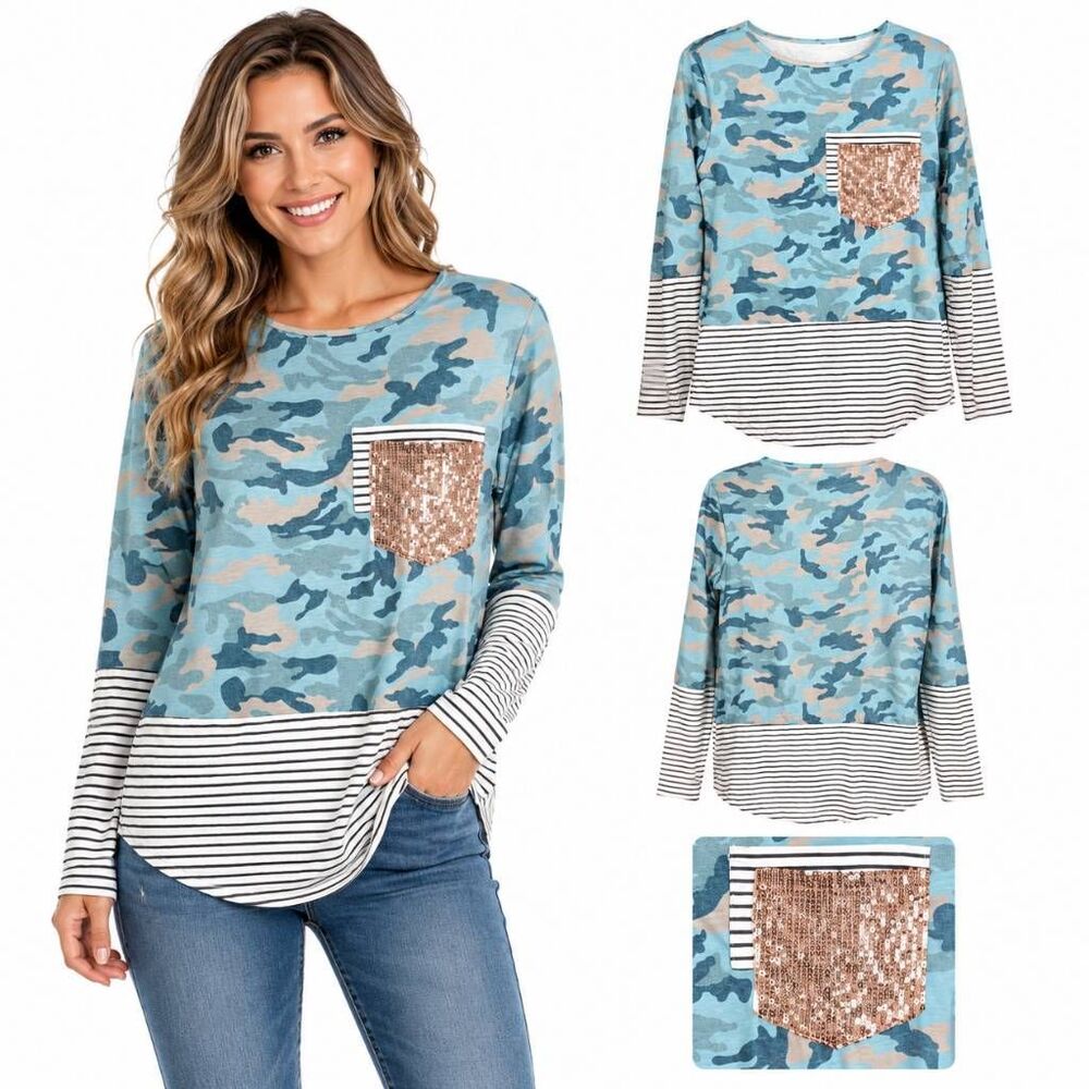Womens Camo Stripe Long Sleeve Sequin Pocket Top S